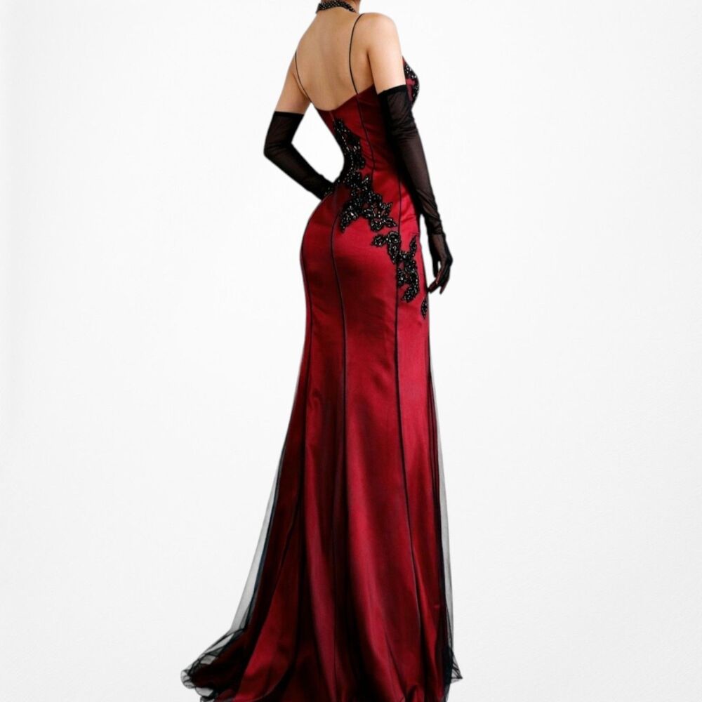 Vintage Y2K Burgundy Red Floral Beaded Embroidered Mesh Bodycon Maxi Prom Dress - Picture 4 of 11